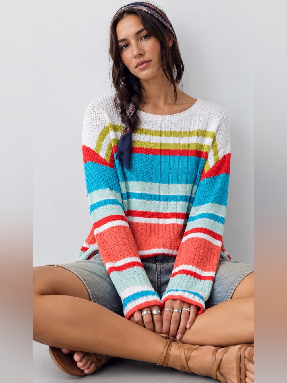 298. Striped Multicolor Knit Sweater - White, Coral & Aqua